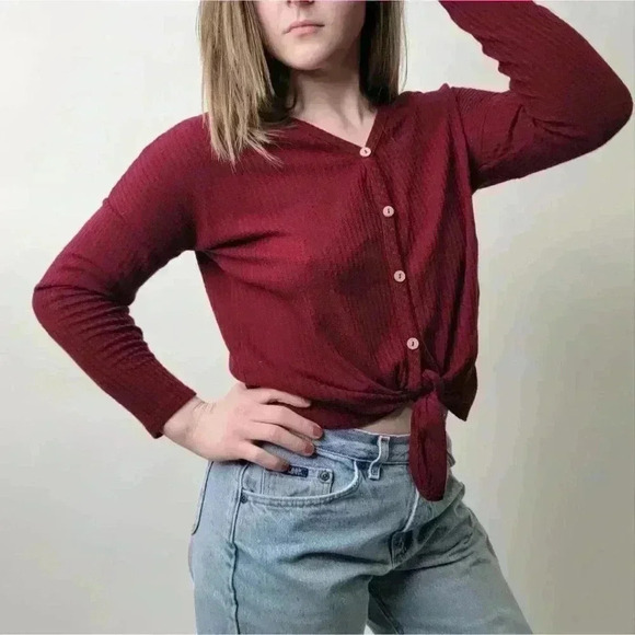 Maroon Burgundy Waffle Knit Crop Top Long Sleeve - XS - Picture 5 of 7
